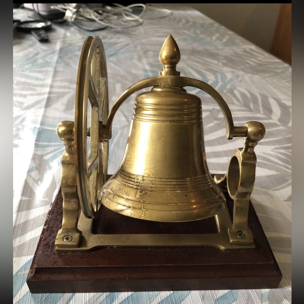 Vtg Brass Ships Bell Mount & Pulley Wheel Desk Office Decor 7” X 5”
